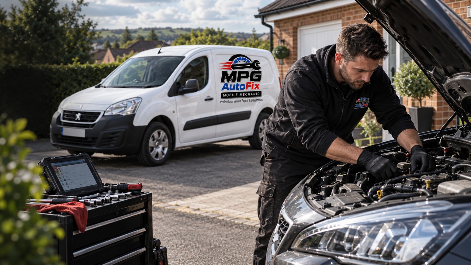 MPG AutoFix mobile mechanic working on a vehicle engine with the service van nearby